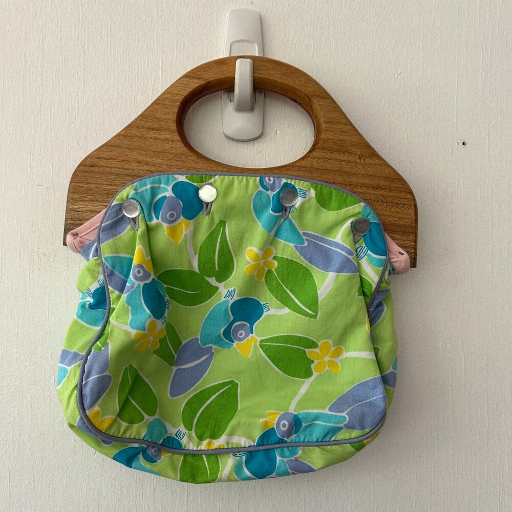CJ Laing Handbag Womens Purse Clutch NWT Wooden Handle Green Blue Bird Print